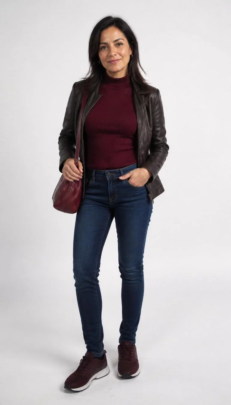 Maroon Turtleneck and Dark Leather Jacket A photorealistic full body shot of a 43-year-old Latina woman with a diamond face, olive, straight nose, thick natural eyebrows, and wide lips. Her face features uneven eyebrows, light freckles, and subtle natural facial asymmetry. She has deep-set gray eyes, pronounced cheekbones, closed-mouth smile, playful. She is petite with dark hair and is wearing a maroon short-sleeved turtleneck, a dark leather jacket, dark blue jeans, a maroon handbag, and dark athletic sneakers, on a white background, no people in the background, high-quality mobile photography, shot on an iPhone 14.