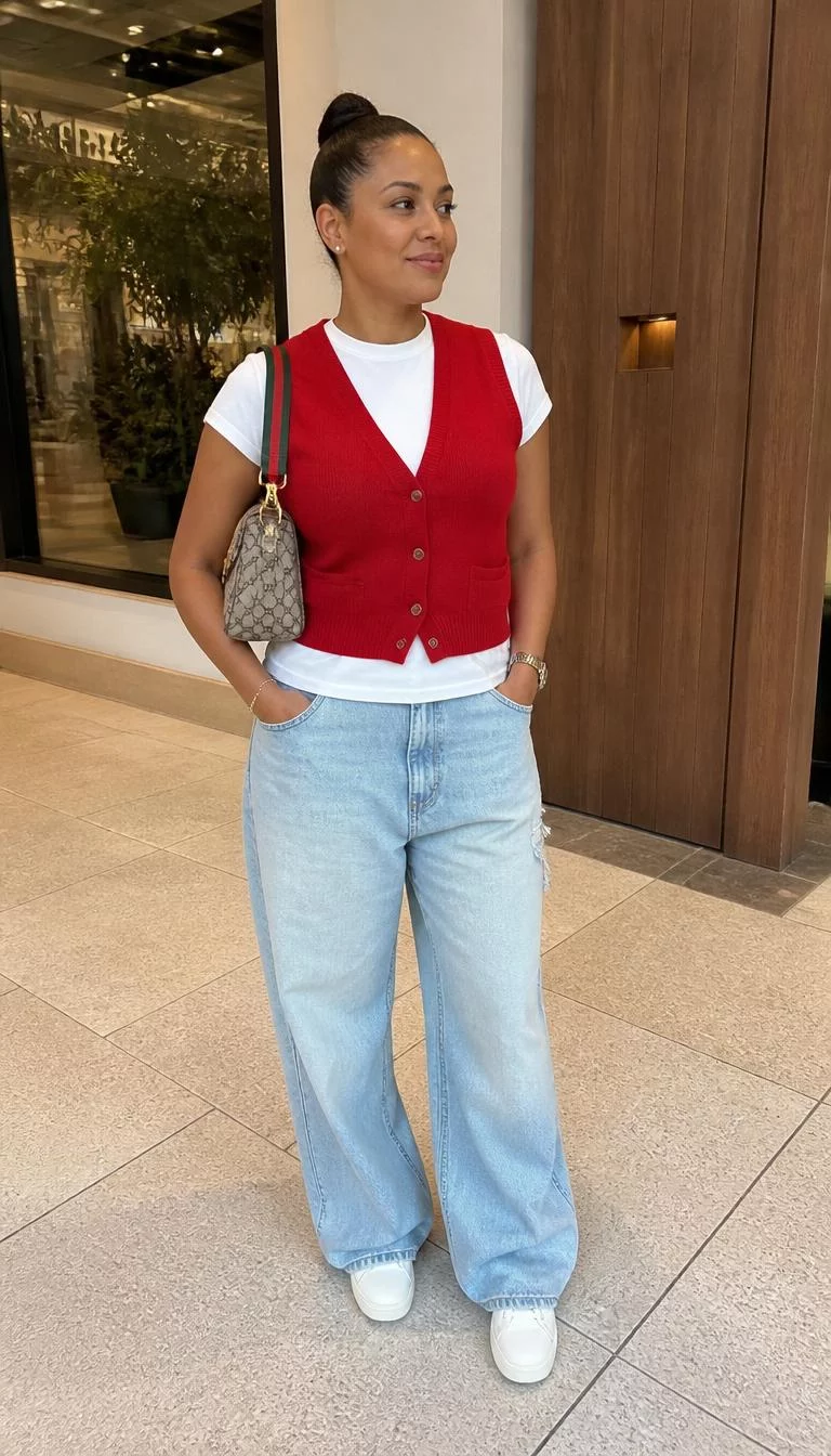 White Crew-Neck Tee and Bright Red Vest A photorealistic full body shot of a 37-year-old Afro-Caribbean woman with a square face, tan, button nose, straight eyebrows, and full lips. Her face features dimples, slightly flushed cheeks, and subtle natural facial asymmetry. She has almond-shaped gray eyes, high cheekbones, closed-mouth smile, thoughtful. She is athletic build with light brown sleek bun hair and is wearing a white crew-neck tee, a bright red button-down vest, baggy light-wash jeans, and a logo-print shoulder bag, no people in the background, high-quality mobile photography, shot on an iPhone 14.