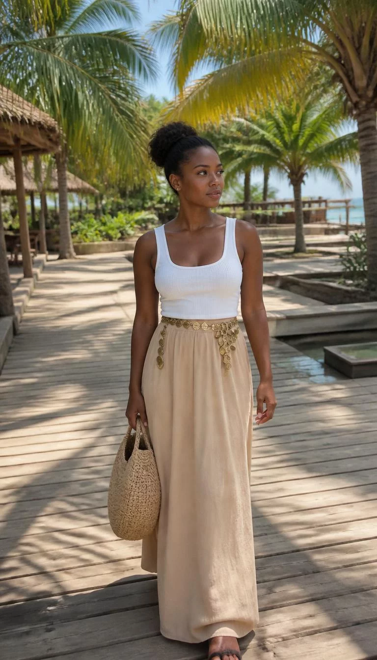 A photorealistic full body shot of a 30-year-old Black African woman with a diamond face, tan, button nose, feathered eyebrows, and thin lips. Her face features small scar on the eyebrow, a few laugh lines, and subtle natural facial asymmetry. She has upturned gray eyes, rounded cheeks, subtle smile, thoughtful. She is petite with black hair in a bun and is wearing a white tank top, long beige skirt, gold coin belt, and carrying a straw bag, resort setting, no people in the background, high-quality mobile photography, shot on an iPhone 14.
