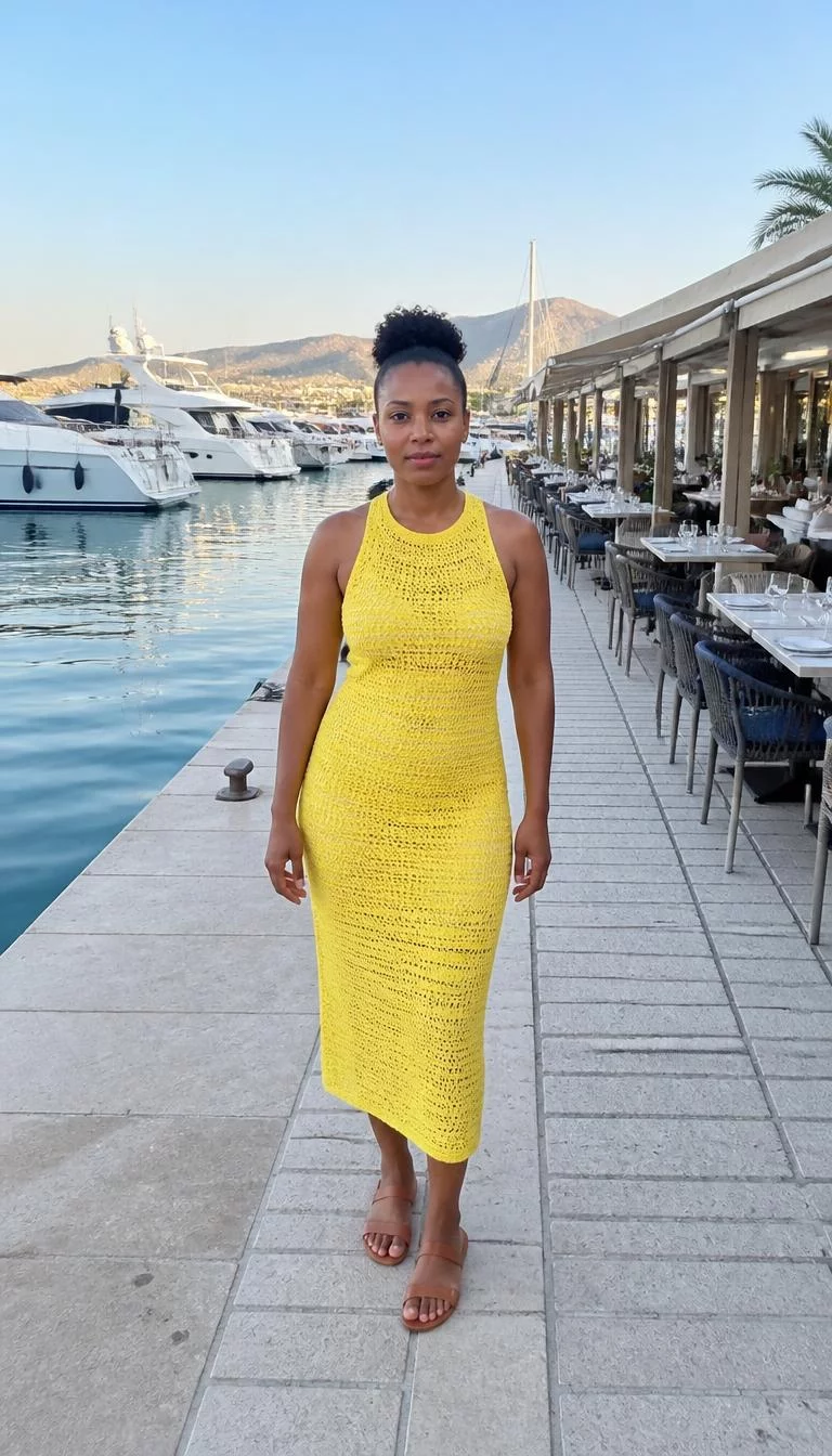 A photorealistic full body shot of a 41-year-old Black African woman with a pear-shaped face, golden brown, broad nose, straight eyebrows, and full lips. Her face features uneven eyebrows, a few laugh lines, and subtle natural facial asymmetry. She has monolid amber eyes, rounded cheeks, neutral expression, relaxed. She is petite with brunette hair in a bun and is wearing a yellow crochet midi dress, marina with luxury yachts and outdoor restaurant seating in background, no people in the background, high-quality mobile photography, shot on an iPhone 14.
