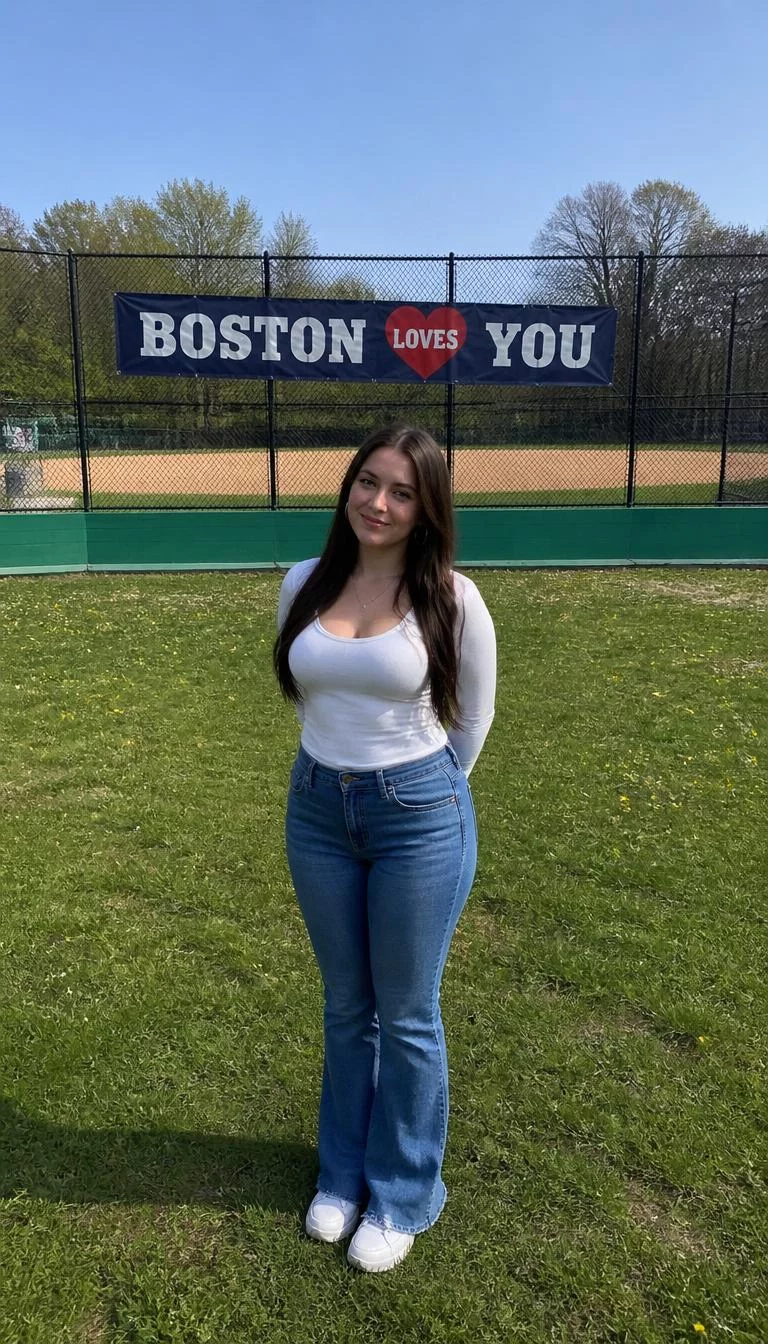 White Top and Jeans for a Day at the Park A photorealistic full body shot of a 25-year-old Eastern European woman with a oblong face, olive, button nose, straight eyebrows, and thin lips. Her face features faint freckles across the nose, subtle acne marks, and subtle natural facial asymmetry. She has round blue eyes, pronounced cheekbones, subtle smile, playful. She is curvy build with long, straight, dark brown hair hair and is wearing a white top and blue jeans, standing in a grassy park before a baseball field fence displaying a