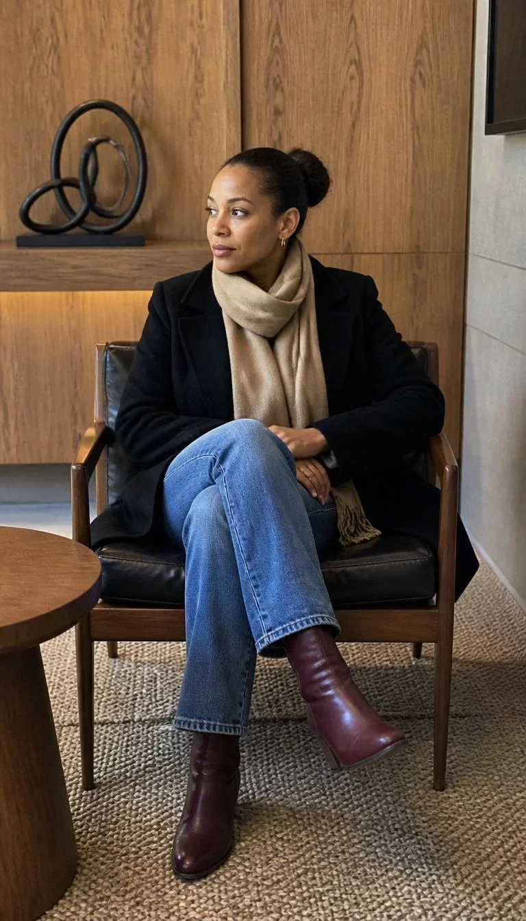 Dark Coat and Beige Scarf with Burgundy Boots A photorealistic full body shot of a 43-year-old Afro-Caribbean woman with a diamond face, golden brown, narrow nose, thick natural eyebrows, and full lips. Her face features slightly crooked smile, a few laugh lines, and subtle natural facial asymmetry. She has monolid gray eyes, pronounced cheekbones, neutral expression, thoughtful. She is petite with brown hair in a neat bun hair and is wearing a dark coat, beige scarf, blue jeans, and burgundy boots, sitting stylishly in a modern space with wooden accents, no people in the background, high-quality mobile photography, shot on an iPhone 14.
