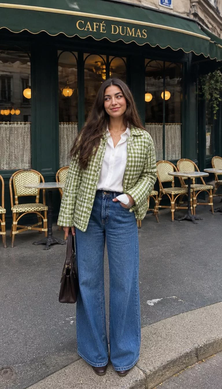 Green Gingham Quilted Jacket and Wide Leg Jeans A photorealistic full body shot of a 27-year-old Eastern European woman with a oval face, olive, rounded nose, thick natural eyebrows, and full lips. Her face features dimples, a few laugh lines, and subtle natural facial asymmetry. She has round green eyes, high cheekbones, closed-mouth smile, relaxed. She is athletic build with long brown hair loose, wavy style hair and is wearing a white button-down, a green gingham quilted jacket, and wide-leg blue jeans, posing outside a Parisian cafe, no people in the background, high-quality mobile photography, shot on an iPhone 14.