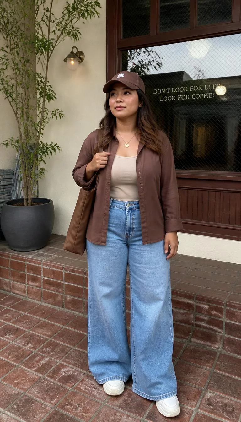 Brown Button Up and Blue Jeans with Brown Cap A photorealistic full body shot of a 33-year-old Southeast Asian woman with a pear-shaped face, light, upturned nose, thick natural eyebrows, and full lips. Her face features beauty mark near the lip, light freckles, and subtle natural facial asymmetry. She has round green eyes, rounded cheeks, neutral expression, thoughtful. She is curvy build with brown hair hair and is wearing a brown button-up, beige tank top, wide-leg blue jeans, and white sneakers, she also has a brown cap, brown tote, and gold heart necklace nearby, no people in the background, high-quality mobile photography, shot on an iPhone 14.