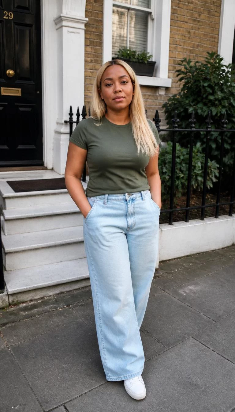 Olive Green T-Shirt and Light Wash Jeans with White Sneakers A photorealistic full body shot of a 35-year-old Afro-Caribbean woman with a square face, light, upturned nose, thick natural eyebrows, and wide lips. Her face features slightly crooked smile, faint under-eye shadows, and subtle natural facial asymmetry. She has deep-set gray eyes, rounded cheeks, neutral expression, thoughtful. She is petite with blonde long, straight hair hair and is wearing a olive green t-shirt, light-wash wide-leg jeans, and white sneakers, posed before a classic brick townhouse, no people in the background, high-quality mobile photography, shot on an iPhone 14.
