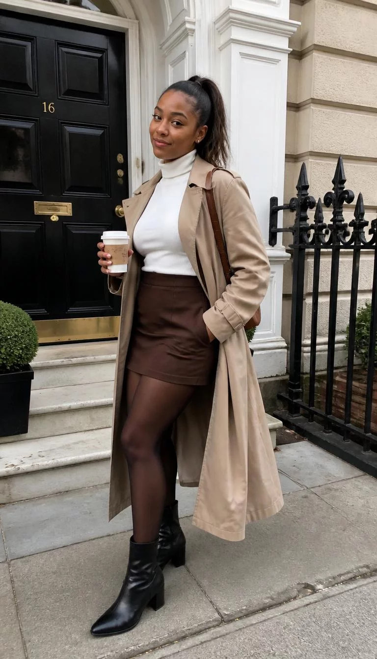 Tan Trench Coat and Brown Skirt with White Turtleneck A photorealistic full body shot of a 24-year-old Afro-Caribbean woman with a diamond face, light, narrow nose, feathered eyebrows, and wide lips. Her face features slightly crooked smile, a few laugh lines, and subtle natural facial asymmetry. She has upturned green eyes, pronounced cheekbones, subtle smile, confident. She is curvy build with brunette high-ponytail hair hair and is wearing a tan trench coat, white turtleneck, brown skirt, sheer black tights, and black boots, holding a coffee outside a classic residential building entrance, no people in the background, high-quality mobile photography, shot on an iPhone 14.