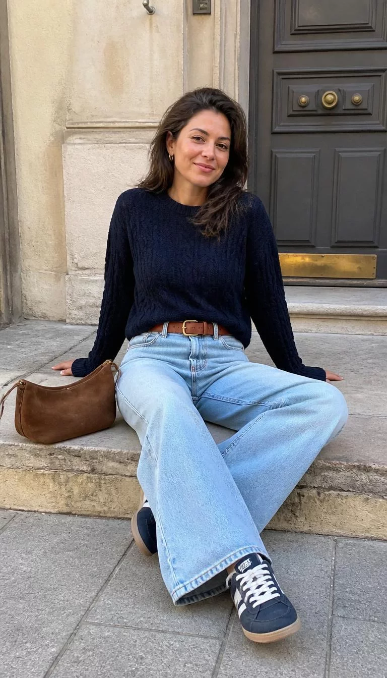 Navy Cable Knit Sweater and Wide Leg Jeans with Retro Sneakers A photorealistic full body shot of a 37-year-old Middle Eastern woman with a oval face, olive, button nose, thick natural eyebrows, and full lips. Her face features slightly crooked smile, slightly flushed cheeks, and subtle natural facial asymmetry. She has hooded hazel eyes, high cheekbones, broad smile, playful. She is slim with brown hair hair and is wearing a navy cable-knit sweater, light-wash wide-leg jeans, a brown leather belt, and retro navy sneakers, a brown suede hobo bag rests nearby, no people in the background, high-quality mobile photography, shot on an iPhone 14.