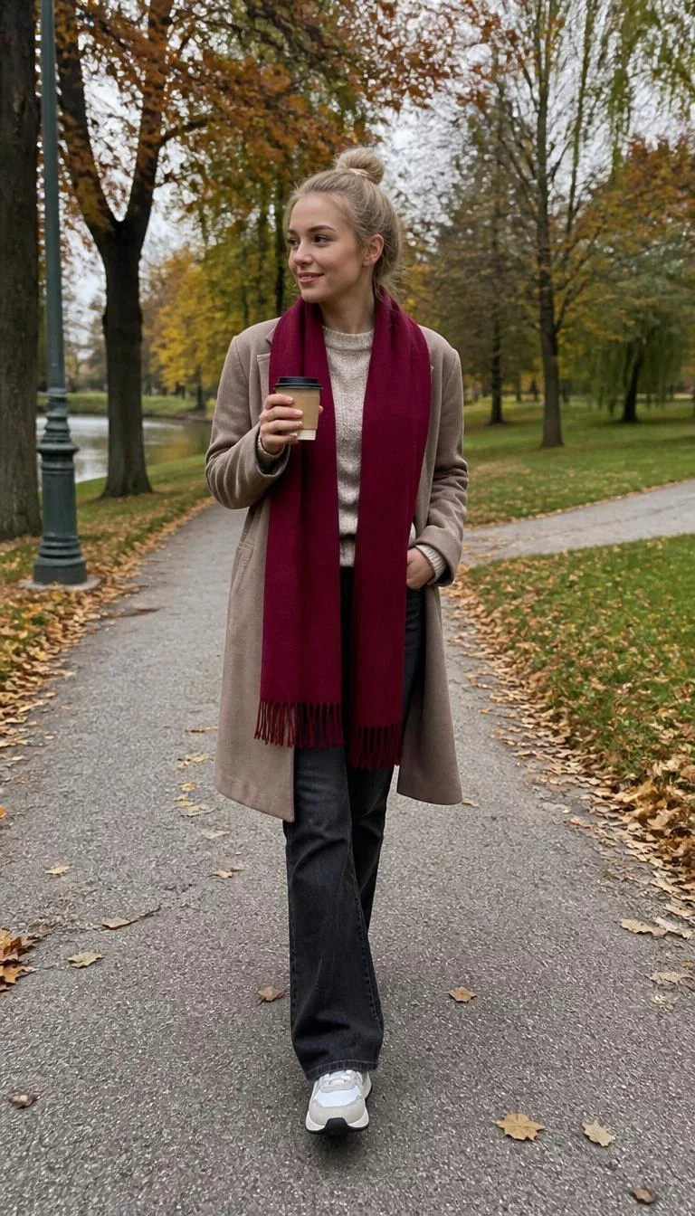 Taupe Coat and Beige Sweater with Red Scarf A photorealistic full body shot of a 24-year-old Eastern European woman with a heart-shaped face, dark brown, rounded nose, softly curved eyebrows, and wide lips. Her face features faint freckles across the nose, visible pores, and subtle natural facial asymmetry. She has downturned blue eyes, rounded cheeks, neutral expression, cheerful. She is slim with blonde sleek high bun hair and is wearing a beige sweater, dark trousers, and a taupe coat with a red scarf, holding coffee in an autumnal city park, no people in the background, high-quality mobile photography, shot on an iPhone 14.