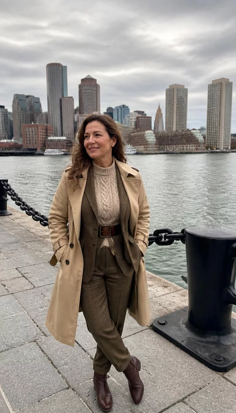 Trench Coats and Blazers for Iconic Landmarks A photorealistic full body shot of a 48-year-old Northern European woman with a oval face, light, rounded nose, thin arched eyebrows, and wide lips. Her face features beauty mark near the lip, visible pores, and subtle natural facial asymmetry. She has monolid brown eyes, rounded cheeks, closed-mouth smile, relaxed. She is curvy build with brown wavy hair hair and is wearing a trench coat, cable-knit sweater, and blazer with a vest, set against iconic Boston landmarks and harbor views, no people in the background, high-quality mobile photography, shot on an iPhone 14.