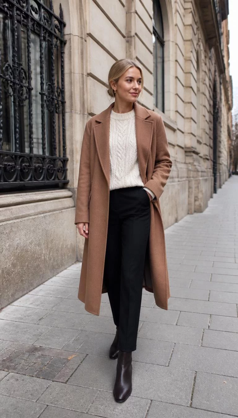 Camel Wool Coat and White Cable Knit Sweater A photorealistic full body shot of a 26-year-old Eastern European woman with a square face, light, straight nose, straight eyebrows, and wide lips. Her face features uneven eyebrows, slightly flushed cheeks, and subtle natural facial asymmetry. She has almond-shaped dark brown eyes, high cheekbones, subtle smile, playful. She is petite with blonde hair in a low bun hair and is wearing a camel wool coat, white cable-knit sweater, dark trousers, and dark brown boots, standing on a city sidewalk, no people in the background, high-quality mobile photography, shot on an iPhone 14.
