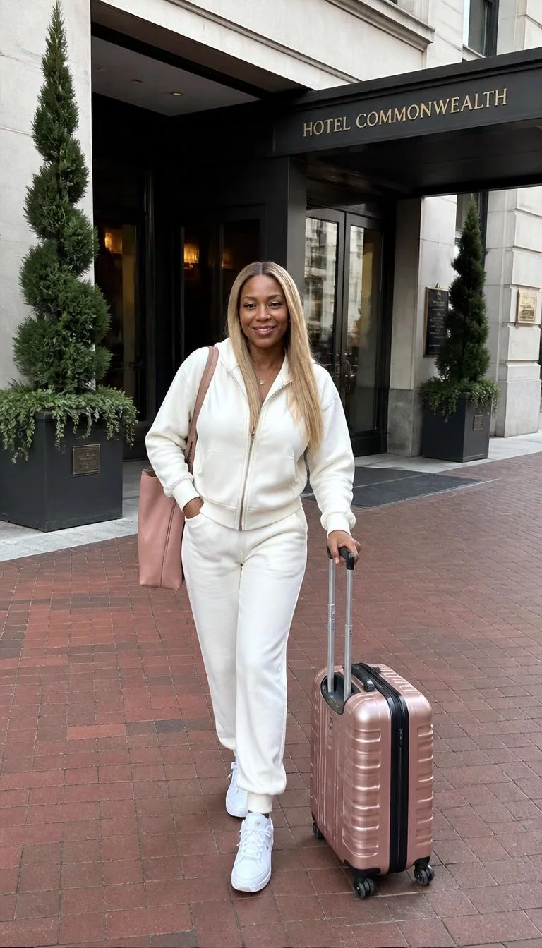White Sweatsuit and Pink Tote A photorealistic full body shot of a 40-year-old Afro-Caribbean woman with a heart-shaped face, deep brown, straight nose, straight eyebrows, and heart-shaped lips. Her face features uneven eyebrows, visible pores, and subtle natural facial asymmetry. She has deep-set blue eyes, soft cheekbones, broad smile, confident. She is average build with blonde long, straight hair hair and is wearing a white sweatsuit, white sneakers, carrying a pink tote and rolling suitcase, walking into the Hotel Commonwealth on a brick street, no people in the background, high-quality mobile photography, shot on an iPhone 14.