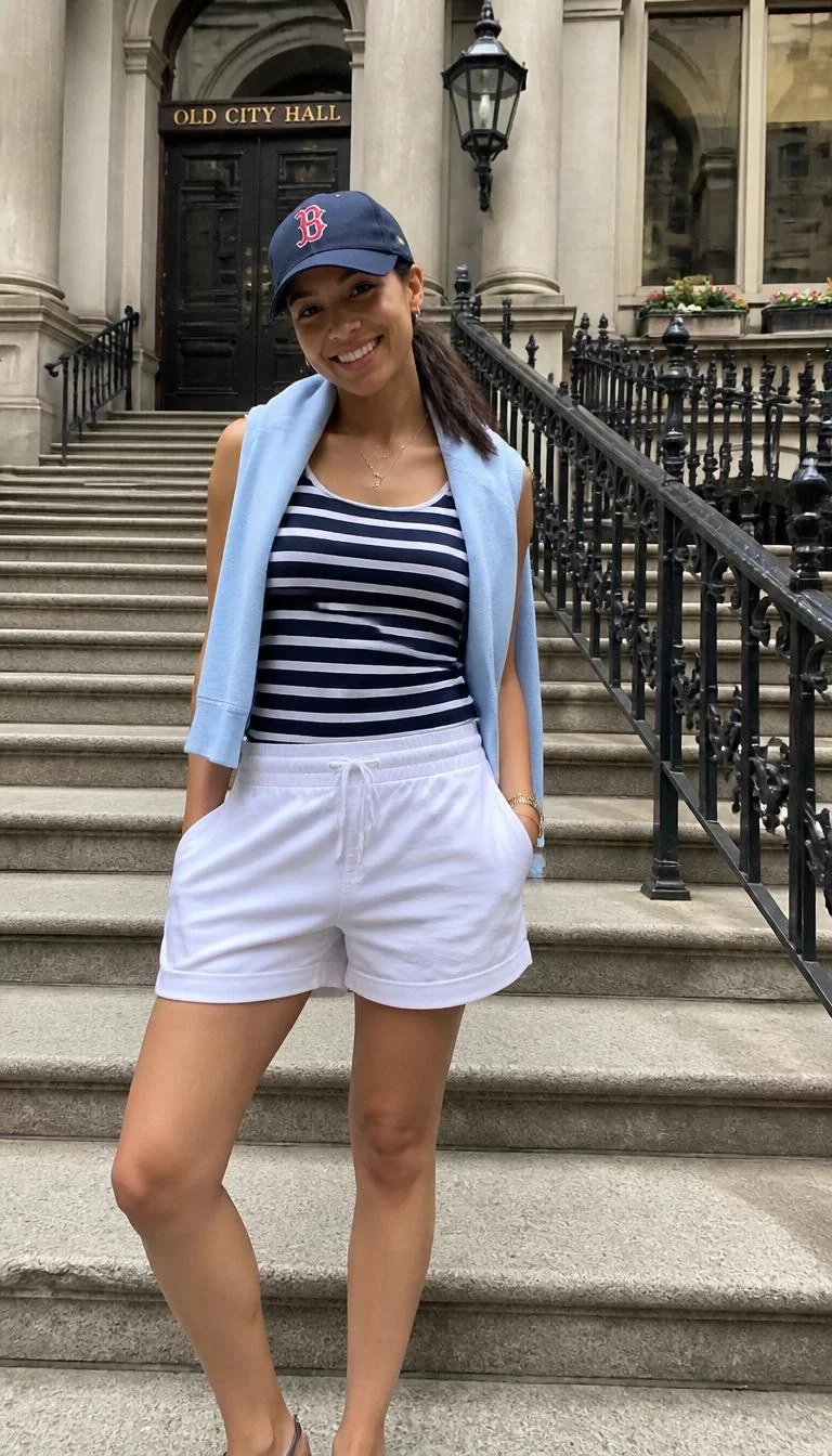 Striped Tank and White Shorts with Light Blue Sweater A photorealistic full body shot of a 35-year-old Mixed-race woman with a oblong face, olive, button nose, thin arched eyebrows, and thin lips. Her face features gap between front teeth, visible pores, and subtle natural facial asymmetry. She has round amber eyes, high cheekbones, broad smile, playful. She is petite with dark brown hair low side ponytail hair and is wearing a striped tank, white shorts, a light blue sweater draped over shoulders, and a baseball cap, posing on historic steps in Boston, no people in the background, high-quality mobile photography, shot on an iPhone 14.