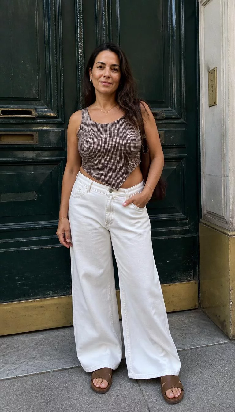 Brown Gingham Tank and White Jeans with Brown Slides A photorealistic full body shot of a 46-year-old Southern European woman with a oval face, dark brown, broad nose, softly curved eyebrows, and full lips. Her face features faint freckles across the nose, subtle acne marks, and subtle natural facial asymmetry. She has upturned green eyes, rounded cheeks, closed-mouth smile, relaxed. She is average build with brown hair hair and is wearing a brown gingham asymmetrical tank top, white wide-leg jeans, brown slides, and a brown shoulder bag, no people in the background, high-quality mobile photography, shot on an iPhone 14.