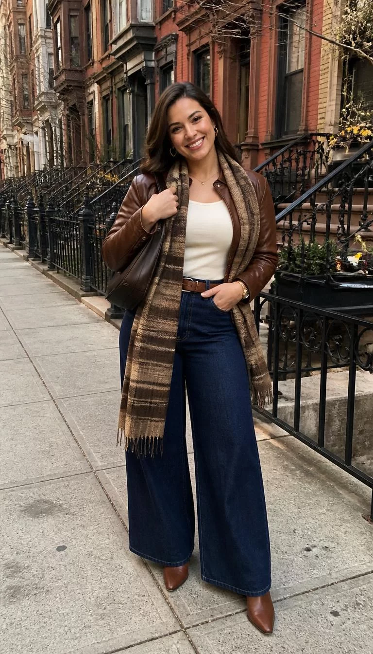 Brown Leather Jacket and Dark Denim with Plaid Scarf A photorealistic full body shot of a 27-year-old Latina woman with a square face, light, button nose, thin arched eyebrows, and full lips. Her face features slightly crooked smile, slightly flushed cheeks, and subtle natural facial asymmetry. She has upturned amber eyes, rounded cheeks, broad smile, cheerful. She is athletic build with brown hair hair and is wearing a brown leather jacket, cream sleeveless top, dark denim wide-leg jeans, brown boots, and a brown plaid scarf, gold heart earrings and a watch, no people in the background, high-quality mobile photography, shot on an iPhone 14.