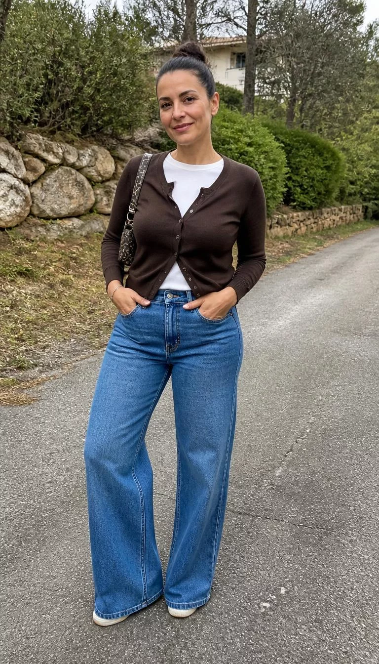 Brown Cardigan and Wide Leg Jeans A photorealistic full body shot of a 46-year-old Southern European woman with a diamond face, dark brown, rounded nose, thick natural eyebrows, and wide lips. Her face features slightly crooked smile, faint under-eye shadows, and subtle natural facial asymmetry. She has almond-shaped brown eyes, rounded cheeks, broad smile, confident. She is athletic build with dark brown hair sleek high bun hair and is wearing a brown cardigan over a white tee, paired with wide-leg blue jeans and a small patterned shoulder bag, outdoors, no people in the background, high-quality mobile photography, shot on an iPhone 14.