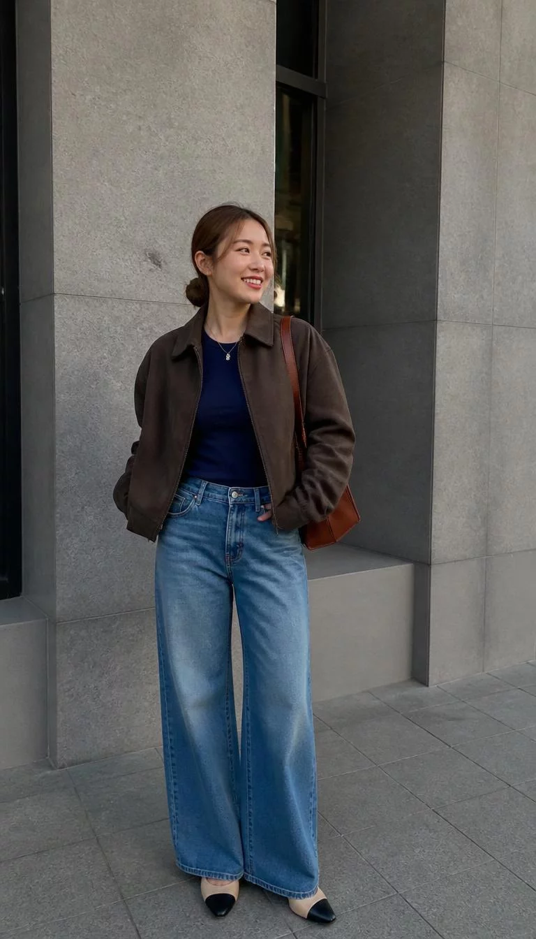 Brown Jacket and Two-Toned Flats A photorealistic full body shot of a 27-year-old Southeast Asian woman with a heart-shaped face, fair, straight nose, softly curved eyebrows, and wide lips. Her face features gap between front teeth, slightly flushed cheeks, and subtle natural facial asymmetry. She has downturned green eyes, rounded cheeks, broad smile, playful. She is athletic build with light brown, low-bun hair hair and is wearing a brown jacket over a blue shirt, wide-leg jeans, two-toned flats, and carries a brown leather bag, city, no people in the background, high-quality mobile photography, shot on an iPhone 14.