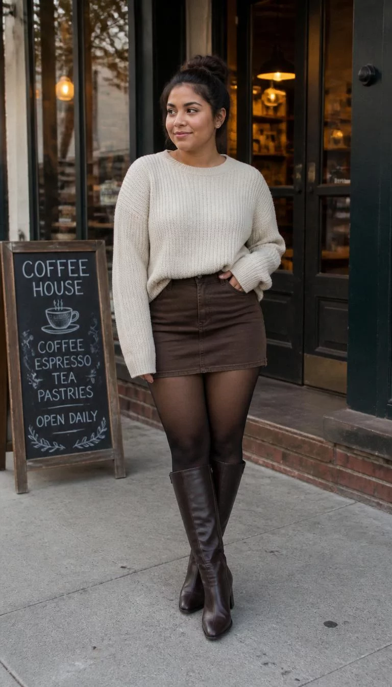 Cream Sweater and Brown Denim Mini Skirt A photorealistic full body shot of a 25-year-old Latina woman with a square face, dark brown, broad nose, straight eyebrows, and full lips. Her face features beauty mark near the lip, subtle acne marks, and subtle natural facial asymmetry. She has monolid brown eyes, soft cheekbones, broad smile, thoughtful. She is curvy build with brunette hair in a messy bun hair and is wearing a cream sweater, brown denim mini skirt, sheer black tights, and knee-high leather boots, standing outside a cozy coffee shop with an outdoor chalkboard, no people in the background, high-quality mobile photography, shot on an iPhone 14.