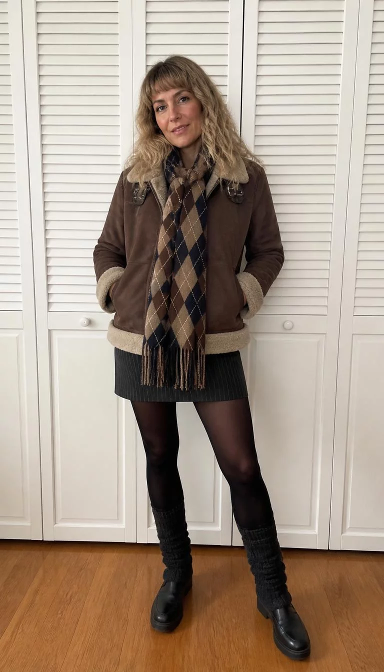 Shearling Jacket and Pinstriped Skirt A photorealistic full body shot of a 46-year-old Southern European woman with a round face, light, rounded nose, thick natural eyebrows, and thin lips. Her face features widow's peak hairline, a few laugh lines, and subtle natural facial asymmetry. She has deep-set amber eyes, high cheekbones, subtle smile, thoughtful. She is athletic build with blonde, wavy hair and bangs hair and is wearing a brown shearling jacket, pinstriped skirt, black tights, and leg warmers, argyle scarf, white closet doors, no people in the background, high-quality mobile photography, shot on an iPhone 14.
