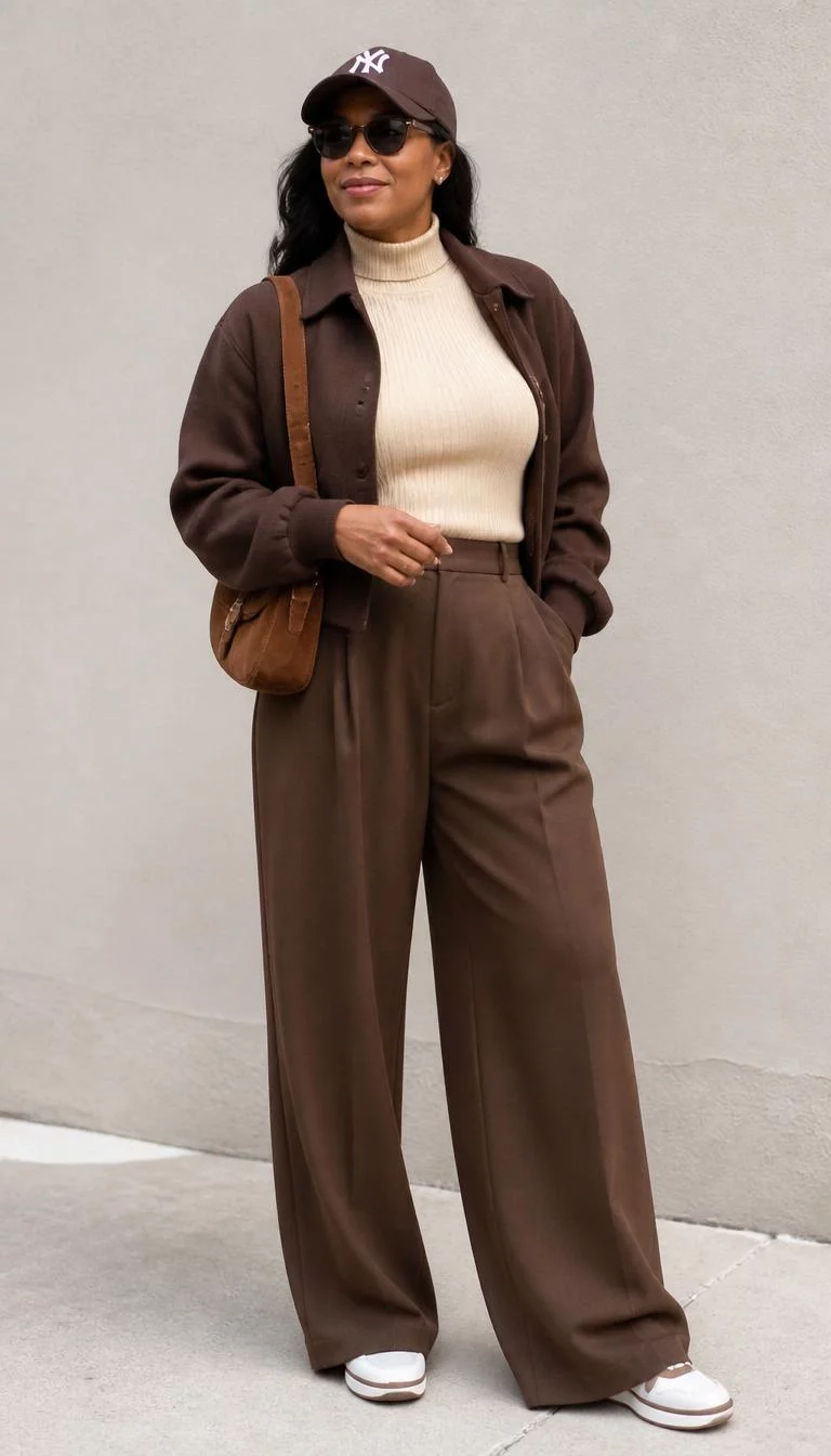 Monochromatic Chocolate Brown Ensemble A photorealistic full body shot of a 38-year-old Afro-Caribbean woman with a diamond face, golden brown, narrow nose, thin arched eyebrows, and wide lips. Her face features gap between front teeth, visible pores, and subtle natural facial asymmetry. She has downturned gray eyes, high cheekbones, closed-mouth smile, confident. She is average build with monochromatic creamy turtleneck, chocolate brown jacket, wide-leg trousers hair and is wearing a suede bag, sneakers, cap, and sunglasses, neutral background, no people in the background, high-quality mobile photography, shot on an iPhone 14.