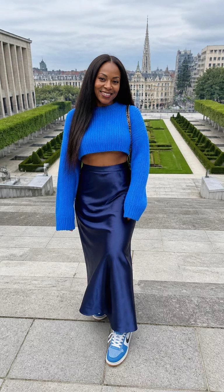 Blue Cropped Sweater and Satin Skirt A photorealistic full body shot of a 46-year-old Black African woman with a heart-shaped face, dark brown, aquiline nose, thick natural eyebrows, and wide lips. Her face features beauty mark near the lip, light freckles, and subtle natural facial asymmetry. She has downturned gray eyes, high cheekbones, broad smile, playful. She is curvy build with dark hair long, straight hair and is wearing a blue cropped sweater, satin skirt, and sneakers, stone steps overlooking a structured park in an elegant urban setting, no people in the background, high-quality mobile photography, shot on an iPhone 14.