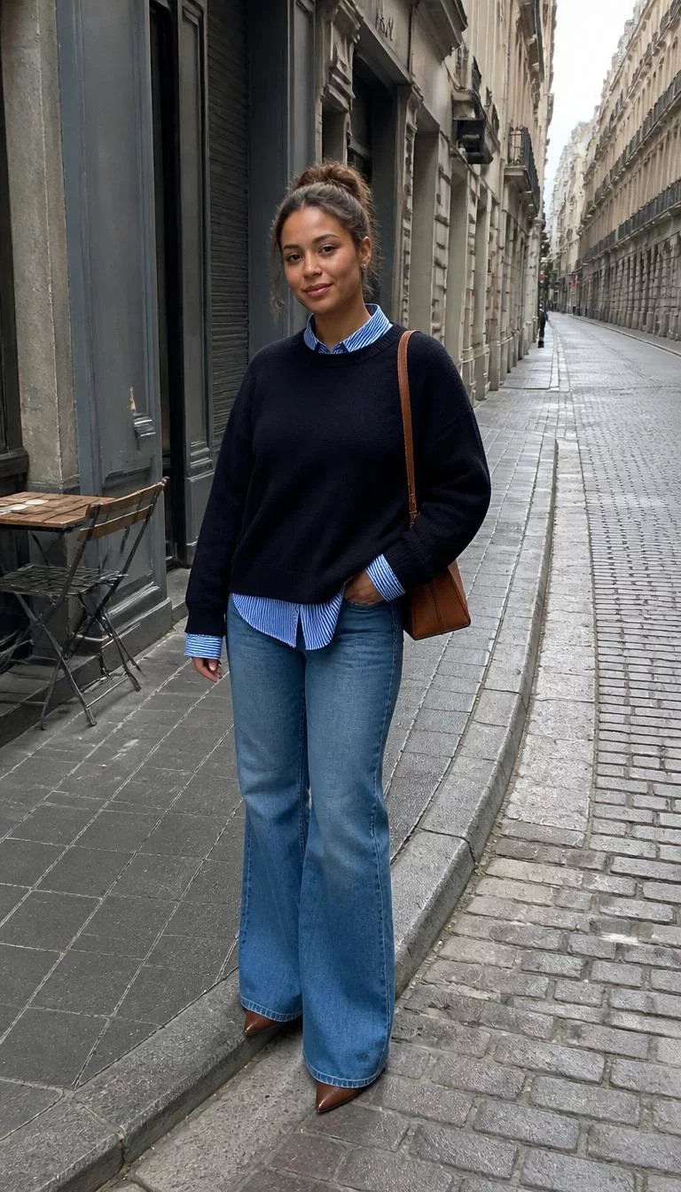 Navy Sweatshirt and Flared Jeans A photorealistic full body shot of a 34-year-old Mixed-race woman with a heart-shaped face, deep brown, broad nose, thin arched eyebrows, and heart-shaped lips. Her face features small scar on the eyebrow, visible pores, and subtle natural facial asymmetry. She has deep-set brown eyes, soft cheekbones, subtle smile, relaxed. She is curvy build with light brown hair in a claw clip bun hair and is wearing a navy sweatshirt over a blue-striped collared shirt, flared jeans, and a brown leather bag, city street, no people in the background, high-quality mobile photography, shot on an iPhone 14.
