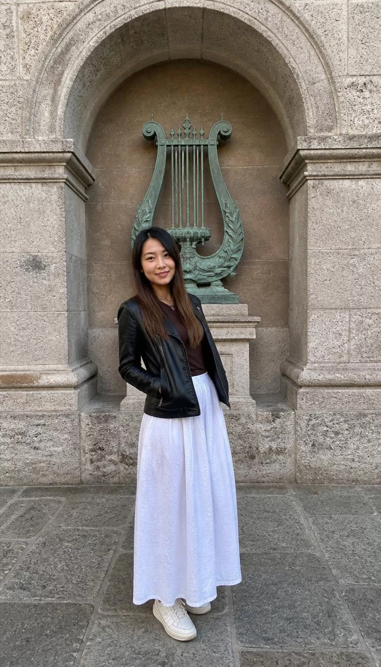 Leather Jacket and White Maxi Skirt A photorealistic full body shot of a 39-year-old East Asian woman with a oval face, tan, narrow nose, softly curved eyebrows, and wide lips. Her face features beauty mark near the lip, light freckles, and subtle natural facial asymmetry. She has hooded dark brown eyes, rounded cheeks, closed-mouth smile, playful. She is slim with brown hair long, straight hair and is wearing a leather jacket, brown top, white maxi skirt, and sneakers, stone archway with a metallic lyre sculpture, no people in the background, high-quality mobile photography, shot on an iPhone 14.
