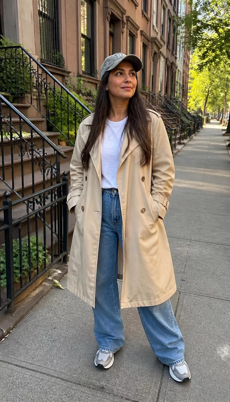 Beige Trench Coat and Baseball Cap A photorealistic full body shot of a 37-year-old South Asian woman with a square face, fair, narrow nose, thick natural eyebrows, and heart-shaped lips. Her face features gap between front teeth, slightly flushed cheeks, and subtle natural facial asymmetry. She has upturned green eyes, rounded cheeks, subtle smile, thoughtful. She is curvy build with brown hair long, straight hair and is wearing a baseball cap, beige trench coat, white t-shirt, loose blue jeans, and sneakers, city street before brownstone buildings, no people in the background, high-quality mobile photography, shot on an iPhone 14.