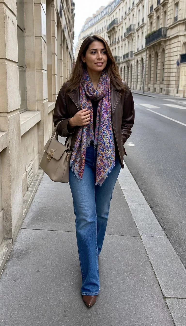 Brown Leather Jacket and Patterned Silk Scarf A photorealistic full body shot of a 29-year-old Middle Eastern woman with a square face, golden brown, rounded nose, feathered eyebrows, and thin lips. Her face features gap between front teeth, slightly flushed cheeks, and subtle natural facial asymmetry. She has upturned brown eyes, soft cheekbones, neutral expression, relaxed. She is athletic build with mid-brown straight hair and is wearing a brown leather jacket, a vibrantly patterned silk scarf, jeans, and carries a chic beige handbag, walking along a Parisian street, no people in the background, high-quality mobile photography, shot on an iPhone 14.