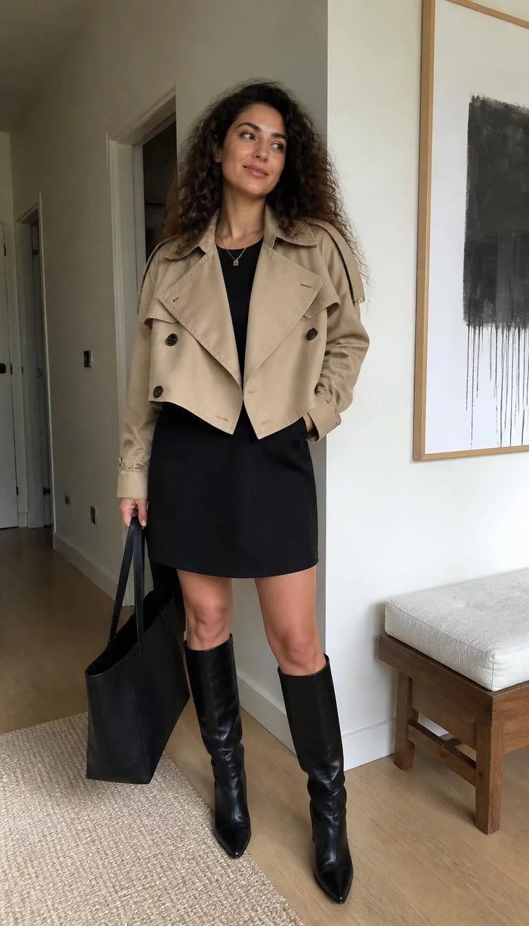 Cropped Trench and Black Tall Boots A photorealistic full body shot of a 24-year-old Mediterranean woman with a diamond face, deep brown, upturned nose, thin arched eyebrows, and thin lips. Her face features gap between front teeth, faint under-eye shadows, and subtle natural facial asymmetry. She has round hazel eyes, rounded cheeks, closed-mouth smile, thoughtful. She is average build with brown curly hair and is wearing a cropped tan trench coat over a black dress, paired with tall black leather boots and a large black tote bag, neutral home interior, no people in the background, high-quality mobile photography, shot on an iPhone 14.