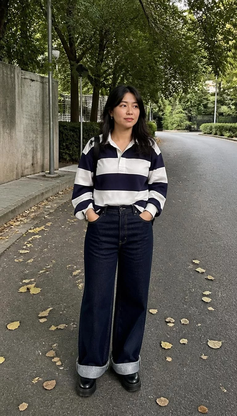 Rugby Shirt and Wide Leg Jeans A photorealistic full body shot of a 38-year-old South Asian woman with a pear-shaped face, light, upturned nose, feathered eyebrows, and heart-shaped lips. Her face features beauty mark near the lip, subtle acne marks, and subtle natural facial asymmetry. She has monolid dark brown eyes, high cheekbones, closed-mouth smile, thoughtful. She is average build with layered dark hair and is wearing a navy and white striped rugby shirt, dark wide-leg jeans, and platform shoes, street with leaves, no people in the background, high-quality mobile photography, shot on an iPhone 14.