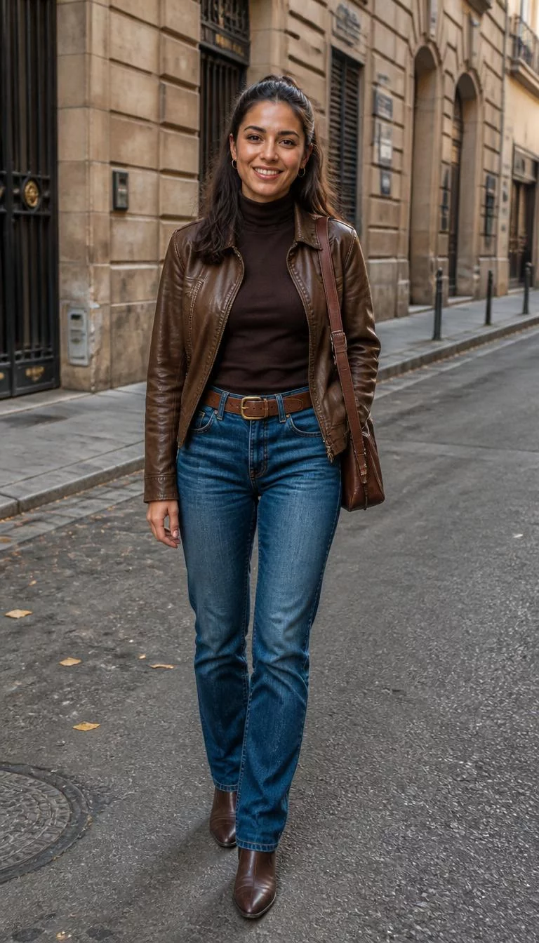 Brown Turtleneck and Leather Jacket A photorealistic full body shot of a 32-year-old Mediterranean woman with a diamond face, golden brown, button nose, softly curved eyebrows, and full lips. Her face features uneven eyebrows, visible pores, and subtle natural facial asymmetry. She has downturned amber eyes, pronounced cheekbones, broad smile, relaxed. She is athletic build with dark brown hair in a half-up style and is wearing a dark brown turtleneck, a brown leather jacket, blue jeans, a brown belt, and a brown leather shoulder bag, city street, no people in the background, high-quality mobile photography, shot on an iPhone 14.