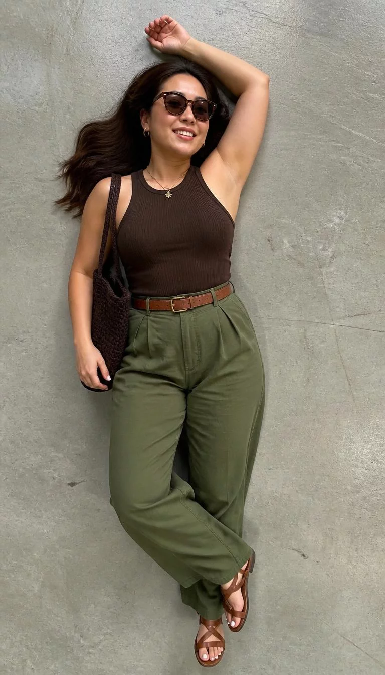 Olive Wide Leg Trousers and Ribbed Racerback Top A photorealistic full body shot of a 37-year-old East Asian woman with a oval face, golden brown, broad nose, feathered eyebrows, and full lips. Her face features gap between front teeth, light freckles, and subtle natural facial asymmetry. She has hooded blue eyes, pronounced cheekbones, subtle smile, playful. She is curvy build with brown hair and is wearing a brown ribbed racer-back top, olive green wide-leg trousers with a brown belt, a dark brown woven bag, brown sandals, gold earrings, a necklace, and sunglasses, flat lay image, no people in the background, high-quality mobile photography, shot on an iPhone 14.