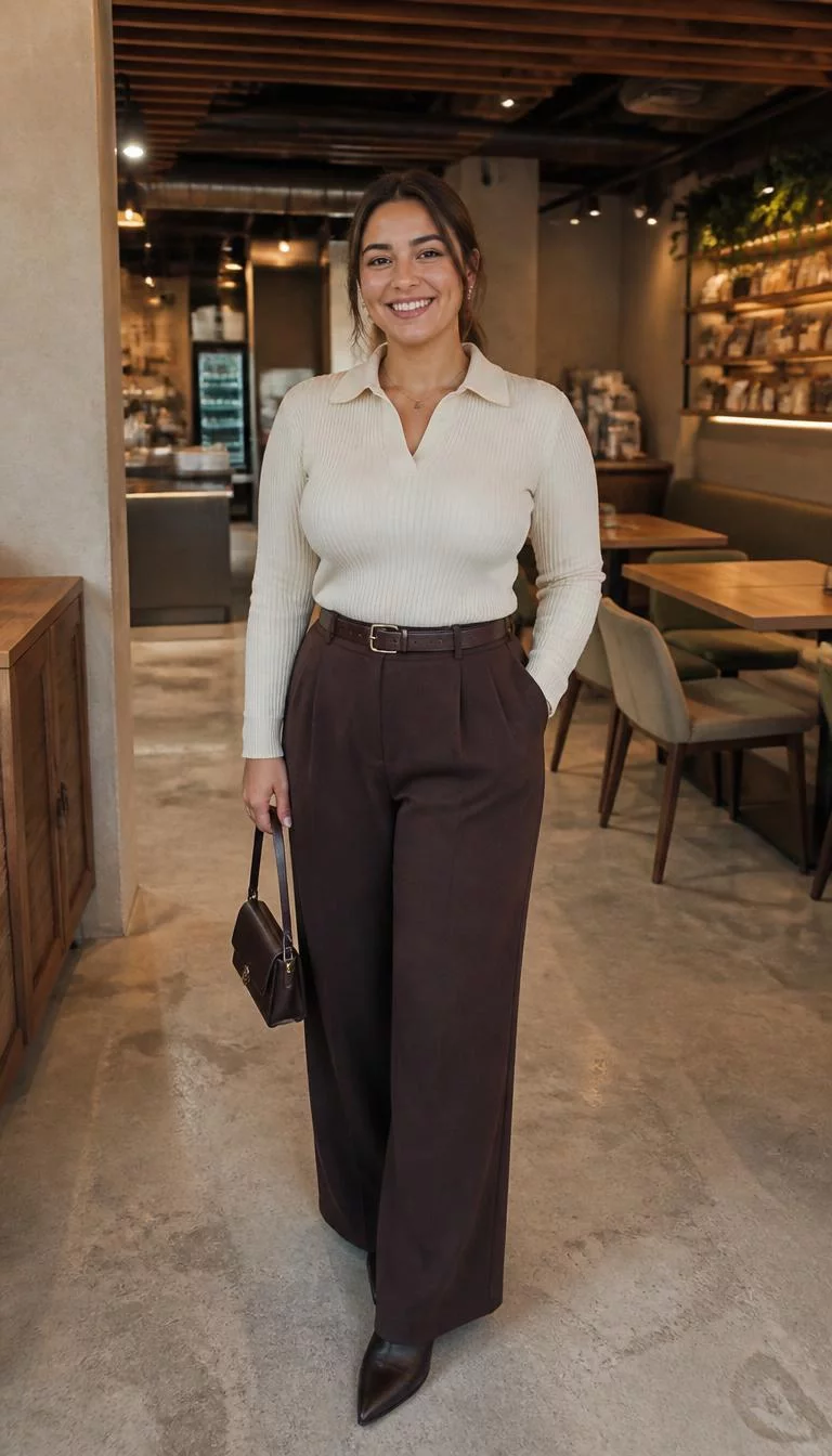 Ribbed Polo Top and Wide Leg Trousers A photorealistic full body shot of a 27-year-old Eastern European woman with a square face, tan, broad nose, softly curved eyebrows, and full lips. Her face features beauty mark near the lip, subtle acne marks, and subtle natural facial asymmetry. She has deep-set gray eyes, high cheekbones, broad smile, cheerful. She is curvy build with chocolate-brown hair in a low bun and is wearing a ribbed cream polo top, dark brown wide-leg trousers, a brown leather belt, and dark pointed ankle boots, cafe interior, no people in the background, high-quality mobile photography, shot on an iPhone 14.