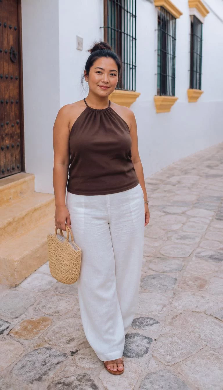 Halter Neck Top and Linen Trousers A photorealistic full body shot of a 26-year-old East Asian woman with a square face, deep brown, rounded nose, straight eyebrows, and full lips. Her face features beauty mark near the lip, visible pores, and subtle natural facial asymmetry. She has monolid blue eyes, rounded cheeks, subtle smile, cheerful. She is curvy build with long dark hair in a messy bun and is wearing a dark brown halter-neck top, white wide-leg linen trousers, brown sandals, and a straw handbag, bright outdoor setting, no people in the background, high-quality mobile photography, shot on an iPhone 14.