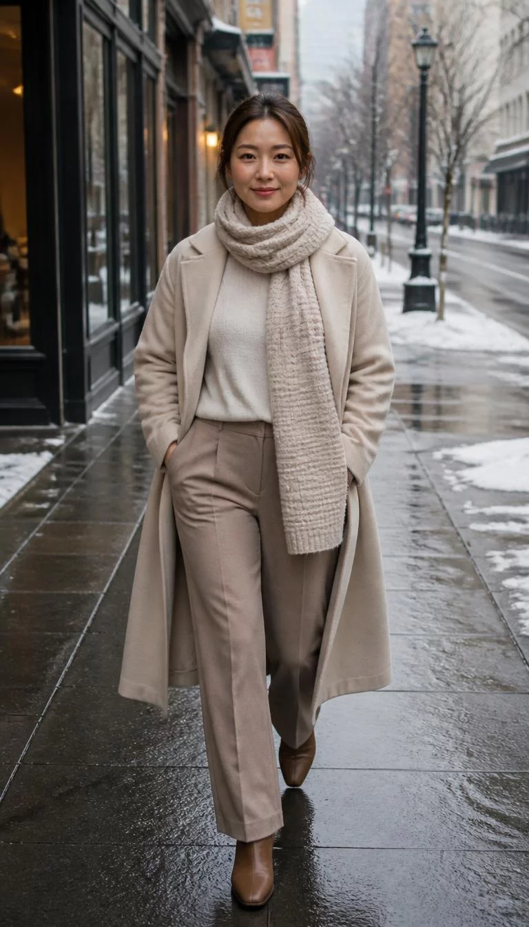 Cream Sweater and Long Beige Coat A photorealistic full body shot of a 35-year-old East Asian woman with a pear-shaped face, light, button nose, thick natural eyebrows, and wide lips. Her face features widow's peak hairline, light freckles, and subtle natural facial asymmetry. She has downturned gray eyes, soft cheekbones, broad smile, relaxed. She is curvy build with chestnut-brown hair in a low bun and is wearing a light cream sweater, long beige coat, matching knitted scarf, light brown trousers, and brown ankle boots, city street in winter, no people in the background, high-quality mobile photography, shot on an iPhone 14.