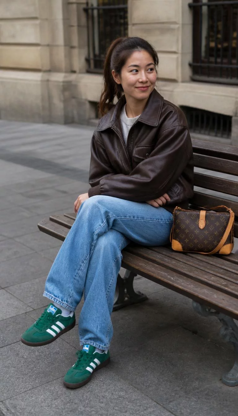 Leather Bomber Jacket and Green Sneakers A photorealistic full body shot of a 31-year-old East Asian woman with a diamond face, light, rounded nose, softly curved eyebrows, and full lips. Her face features small scar on the eyebrow, light freckles, and subtle natural facial asymmetry. She has deep-set brown eyes, rounded cheeks, closed-mouth smile, playful. She is slim with chestnut-brown hair in a ponytail and is wearing a vintage-style brown leather bomber jacket, light-wash jeans, green Adidas sneakers, and a luxury handbag, city bench, no people in the background, high-quality mobile photography, shot on an iPhone 14.