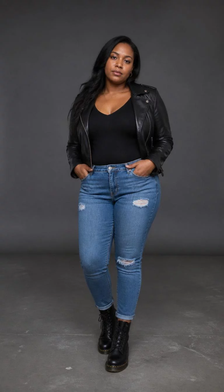 Leather Jacket and Dr Martens A photorealistic full body shot of a 36-year-old Afro-Caribbean woman with a pear-shaped face, tan, rounded nose, thick natural eyebrows, and thin lips. Her face features uneven eyebrows, subtle acne marks, and subtle natural facial asymmetry. She has downturned dark brown eyes, soft cheekbones, neutral expression, relaxed. She is curvy build with dark hair and is wearing a leather jacket, blue jeans, and Dr. Martens boots, gray background, no people in the background, high-quality mobile photography, shot on an iPhone 14.