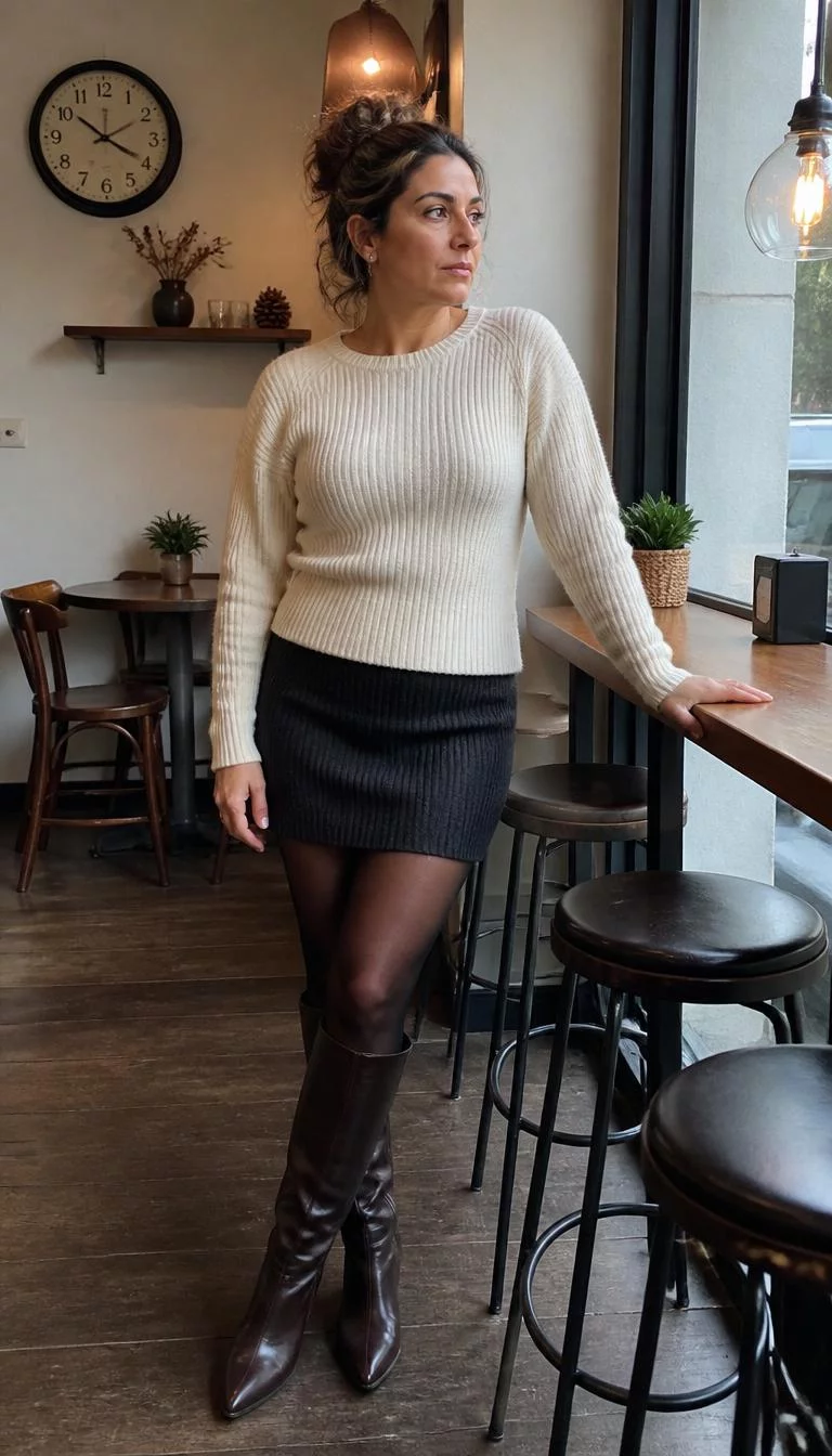 Ribbed Sweater and Charcoal Mini Skirt A photorealistic full body shot of a 41-year-old Southern European woman with a round face, light, upturned nose, softly curved eyebrows, and full lips. Her face features dimples, faint under-eye shadows, and subtle natural facial asymmetry. She has upturned dark brown eyes, high cheekbones, neutral expression, relaxed. She is petite with highlighted brown hair in a messy updo and is wearing a cream ribbed sweater, dark charcoal mini skirt, sheer black tights, and tall dark brown boots, cafe interior, no people in the background, high-quality mobile photography, shot on an iPhone 14.