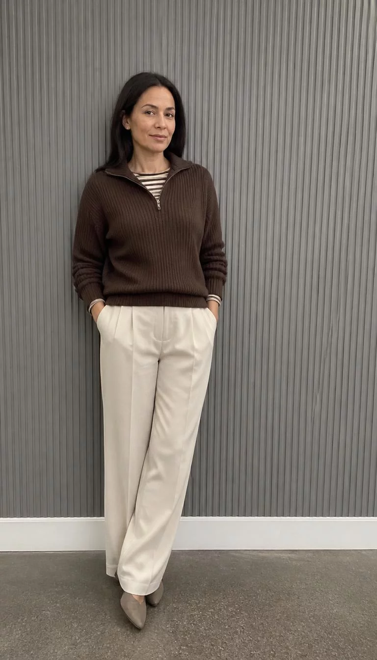 A photorealistic full body shot of a 45-year-old Mixed-race woman with a square face, dark brown, aquiline nose, softly curved eyebrows, and wide lips. Her face features dimples, a few laugh lines, and subtle natural facial asymmetry. She has round hazel eyes, soft cheekbones, neutral expression, cheerful. She is petite with dark straight hair and is wearing a brown half-zip sweater over a striped shirt and cream trousers, minimalist grey-ribbed wall, no people in the background, high-quality mobile photography, shot on an iPhone 14.