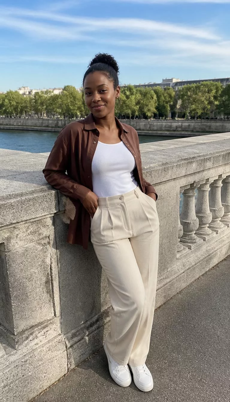 A photorealistic full body shot of a 25-year-old Afro-Caribbean woman with a diamond face, deep brown, broad nose, softly curved eyebrows, and thin lips. Her face features dimples, faint under-eye shadows, and subtle natural facial asymmetry. She has monolid dark brown eyes, pronounced cheekbones, closed-mouth smile, playful. She is athletic build with hair in a bun hair and is wearing a white tank, brown button-down shirt, and cream trousers, resting against a stone bridge, no people in the background, high-quality mobile photography, shot on an iPhone 14.