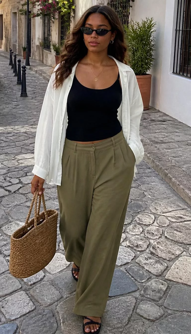 A photorealistic full body shot of a 24-year-old Afro-Caribbean woman with a round face, tan, straight nose, softly curved eyebrows, and heart-shaped lips. Her face features gap between front teeth, slightly flushed cheeks, and subtle natural facial asymmetry. She has downturned green eyes, soft cheekbones, neutral expression, confident. She is athletic build with honey-brown wavy hair and is wearing a black tank top, open white button-down shirt, and olive trousers, she carries a woven bag and wears black sunglasses, stone-paved street, no people in the background, high-quality mobile photography, shot on an iPhone 14.