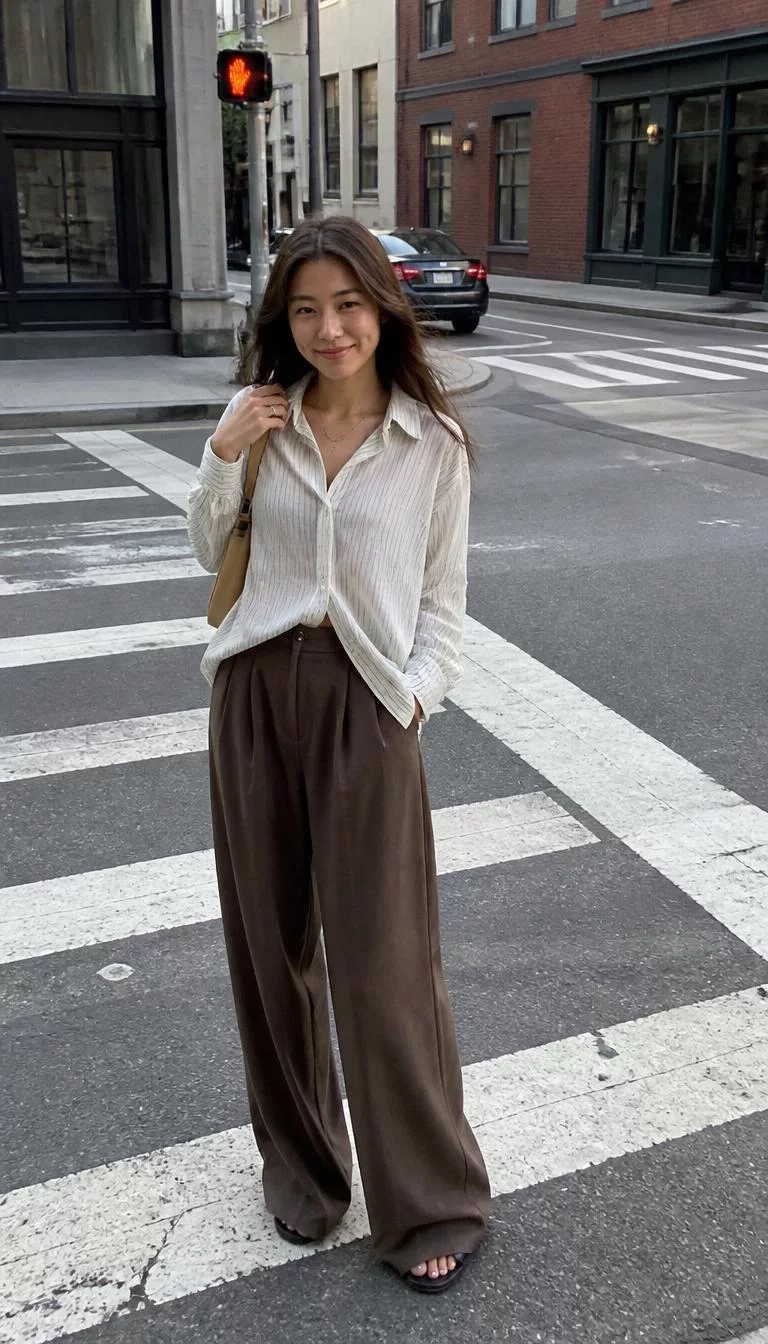A photorealistic full body shot of a 40-year-old East Asian woman with a heart-shaped face, olive, narrow nose, thick natural eyebrows, and wide lips. Her face features dimples, slightly flushed cheeks, and subtle natural facial asymmetry. She has downturned dark brown eyes, soft cheekbones, neutral expression, playful. She is slim with long tousled brown hair and is wearing a pinstriped button-down shirt and brown wide-leg trousers, street intersection, no people in the background, high-quality mobile photography, shot on an iPhone 14.