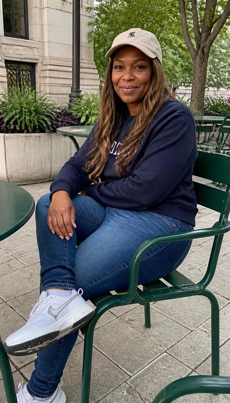 A photorealistic full body shot of a 44-year-old Black African woman with a oval face, olive, aquiline nose, thick natural eyebrows, and thin lips. Her face features dimples, subtle acne marks, and subtle natural facial asymmetry. She has almond-shaped brown eyes, rounded cheeks, closed-mouth smile, cheerful. She is athletic build with long highlighted hair and is wearing a navy sweatshirt, denim jeans, and a beige baseball cap, seated on green metal chairs on paving stones, no people in the background, high-quality mobile photography, shot on an iPhone 14.