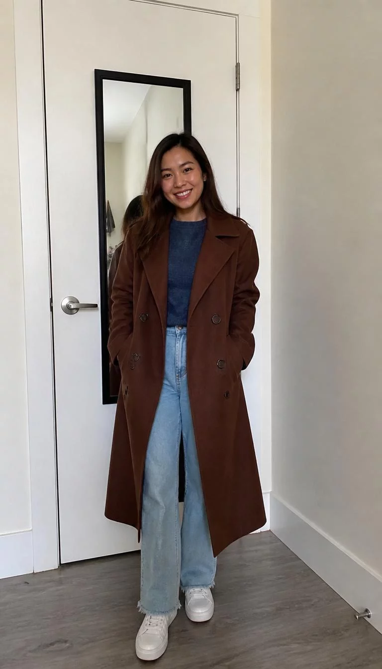 A photorealistic full body shot of a 23-year-old Southeast Asian woman with a oblong face, olive, broad nose, straight eyebrows, and heart-shaped lips. Her face features gap between front teeth, slightly flushed cheeks, and subtle natural facial asymmetry. She has almond-shaped brown eyes, rounded cheeks, broad smile, thoughtful. She is petite with long brown hair and is wearing a blue sweater, brown trench coat, and light denim jeans, indoors in front of a white door with a mirror, no people in the background, high-quality mobile photography, shot on an iPhone 14.