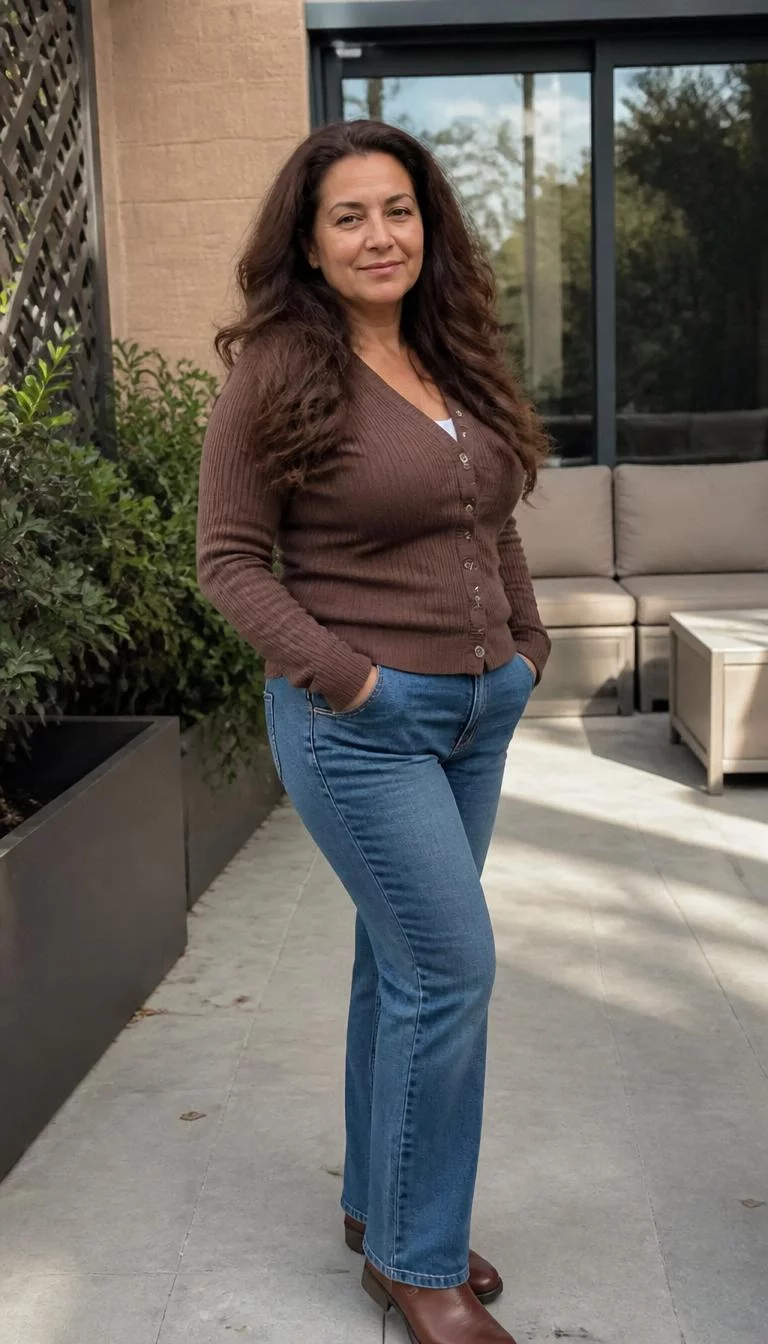 A photorealistic full body shot of a 48-year-old Middle Eastern woman with a oblong face, golden brown, rounded nose, softly curved eyebrows, and thin lips. Her face features uneven eyebrows, slightly flushed cheeks, and subtle natural facial asymmetry. She has monolid green eyes, soft cheekbones, closed-mouth smile, relaxed. She is curvy build with voluminous wavy mahogany-brown hair and is wearing a brown cardigan and jeans, relaxed outdoor patio, no people in the background, high-quality mobile photography, shot on an iPhone 14.