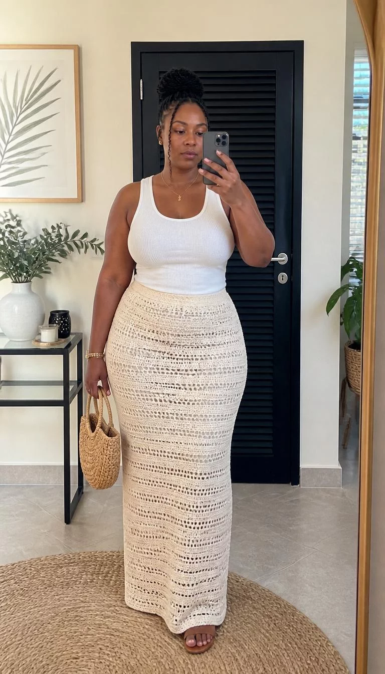 White Ribbed Tank and Cream Crochet Maxi Skirt A photorealistic full body shot of a 37-year-old Black African woman with a oblong face, tan, button nose, feathered eyebrows, and full lips. Her face features gap between front teeth, light freckles, and subtle natural facial asymmetry. She has monolid dark brown eyes, soft cheekbones, neutral expression, relaxed. She is curvy build with dark hair updo hair and is wearing a white ribbed tank top and a long cream crochet maxi skirt, holding a small straw bag, mirror selfie pose, no people in the background, high-quality mobile photography, shot on an iPhone 14.