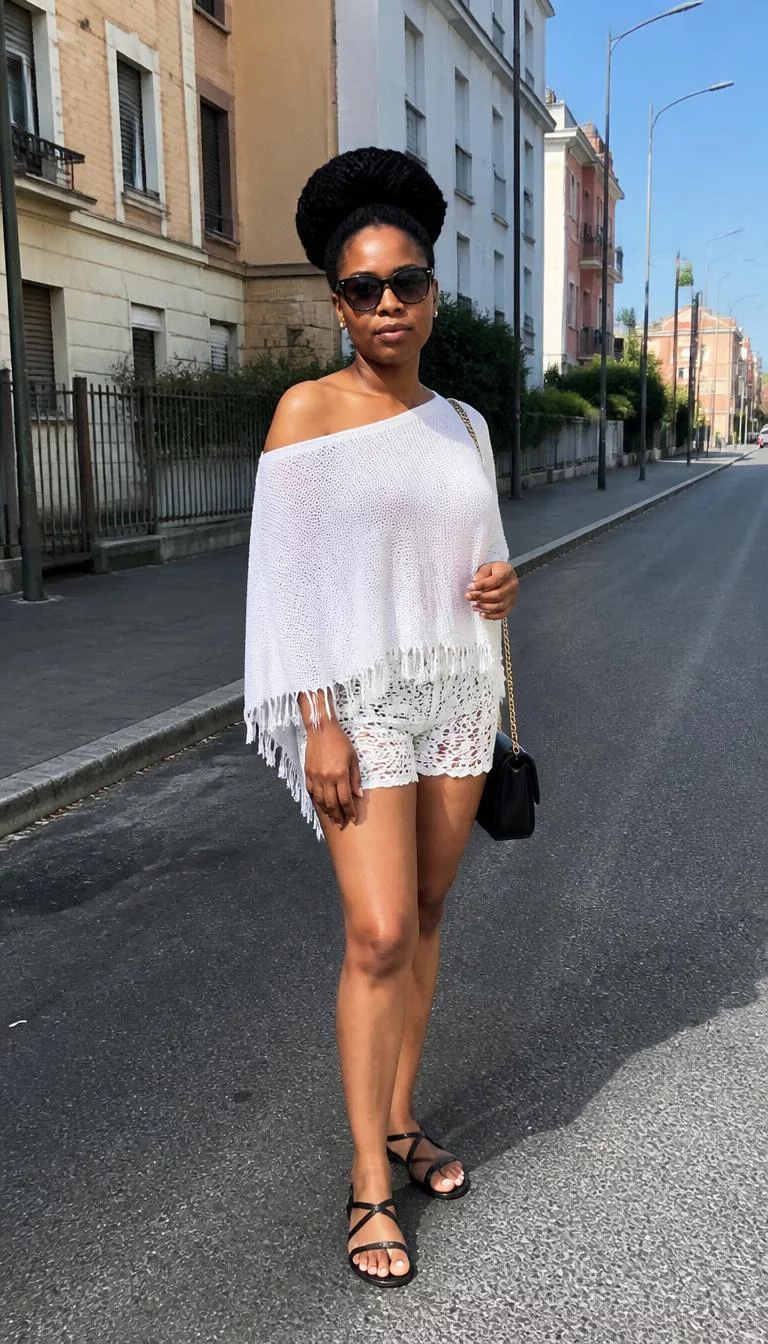 White Off the Shoulder Poncho and Crochet Shorts A photorealistic full body shot of a 31-year-old Black African woman with a heart-shaped face, fair, rounded nose, softly curved eyebrows, and wide lips. Her face features gap between front teeth, visible pores, and subtle natural facial asymmetry. She has deep-set dark brown eyes, rounded cheeks, neutral expression, relaxed. She is slim with dark hair updo hair and is wearing a white off-the-shoulder poncho, white crochet shorts, and black sunglasses, holding a gold-chain bag, city street, no people in the background, high-quality mobile photography, shot on an iPhone 14.