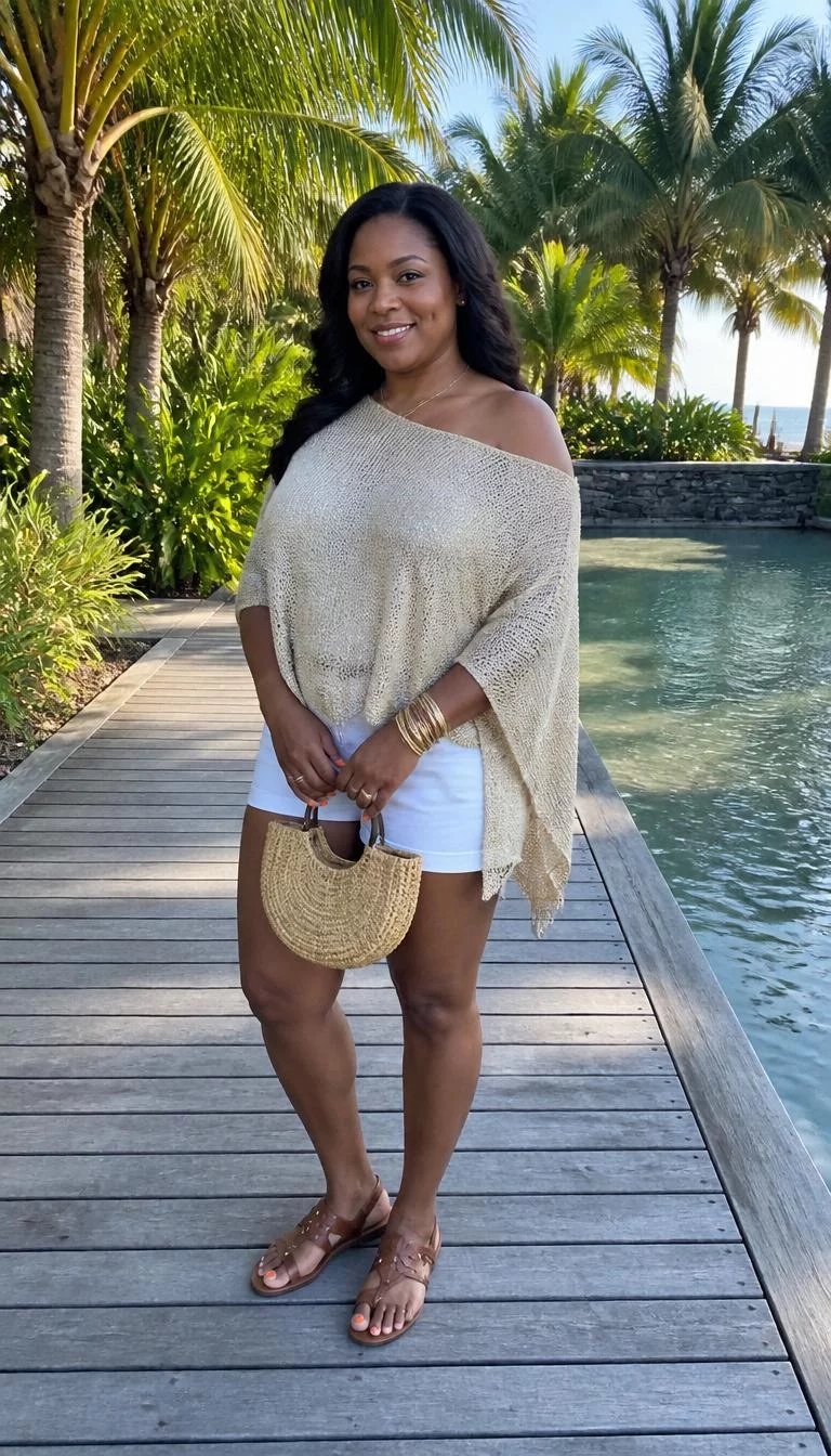 Beige Off the Shoulder Poncho and White Shorts A photorealistic full body shot of a 40-year-old Black African woman with a pear-shaped face, fair, straight nose, thick natural eyebrows, and full lips. Her face features dimples, subtle acne marks, and subtle natural facial asymmetry. She has downturned amber eyes, pronounced cheekbones, closed-mouth smile, cheerful. She is curvy build with dark hair and is wearing a shimmery beige off-the-shoulder poncho, white shorts, and brown sandals, accessorized with a small straw handbag and layered gold bangles and rings, tropical setting, no people in the background, high-quality mobile photography, shot on an iPhone 14.