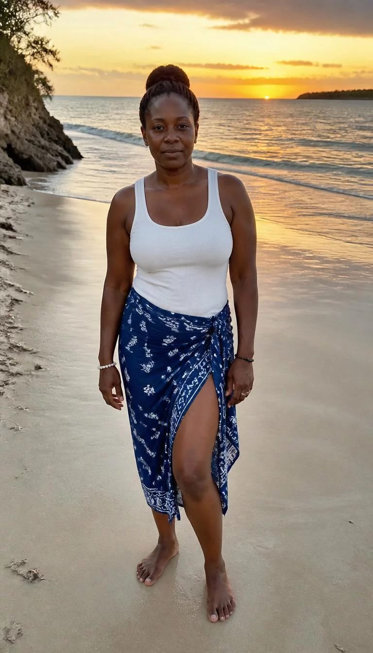 White Ribbed Tank and Patterned Sarong Skirt A photorealistic full body shot of a 39-year-old Black African woman with a pear-shaped face, dark brown, button nose, straight eyebrows, and thin lips. Her face features small scar on the eyebrow, a few laugh lines, and subtle natural facial asymmetry. She has hooded green eyes, pronounced cheekbones, neutral expression, relaxed. She is average build with dark hair updo hair and is wearing a white ribbed tank top with a blue and white patterned sarong skirt, beach during a golden sunset, no people in the background, high-quality mobile photography, shot on an iPhone 14.