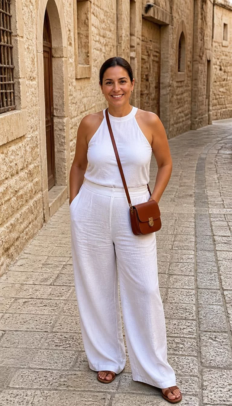 White Halter Tank and Wide Leg Linen Trousers A photorealistic full body shot of a 38-year-old Middle Eastern woman with a oblong face, olive, upturned nose, straight eyebrows, and full lips. Her face features faint freckles across the nose, visible pores, and subtle natural facial asymmetry. She has upturned blue eyes, high cheekbones, broad smile, cheerful. She is curvy build with dark hair low bun hair and is wearing a white halter tank top and white wide-leg linen trousers, carrying a small brown leather crossbody bag, historic street, no people in the background, high-quality mobile photography, shot on an iPhone 14.